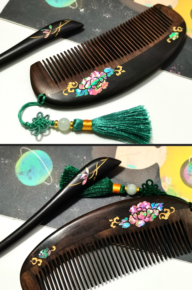 凤丫头厂家直供贵妃牡丹檀木梳子螺钿镶嵌漆艺彩绘个性文创礼品梳