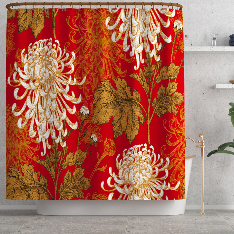 New Three-Dimensional Red Bottomed Chrysanthemum Shower Curtain Digital Printing Toilet Floor Mat Set Amazon Hot Sale Punch-Free Delivery