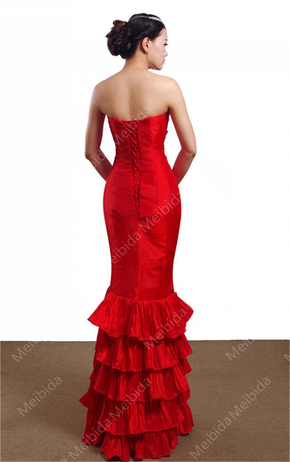 红色塔夫绸伴娘礼服正式场合影楼婚纱摄影写真晚礼服绑带露肩裙子