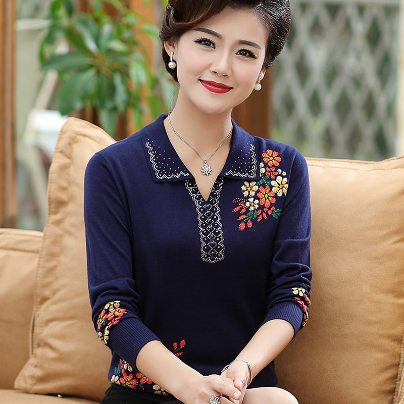 中老年女春装长袖有领针织衫t恤上衣洋气妈妈春秋天穿翻领打底衫,女装