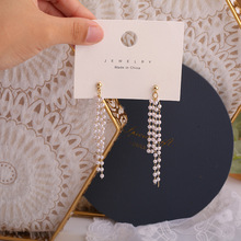 S925银针韩国时尚长款珍珠流苏耳钉个性简约超仙少女耳环耳夹耳饰