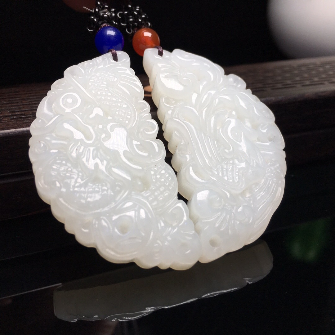 和田玉龙凤佩 保真新疆白玉月牙龙凤对玉佩圆形玉牌玉石龙凤吊坠