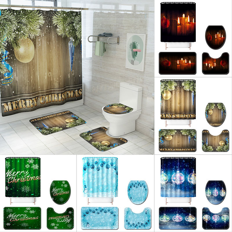 2020new Wood Board Bell Ball Bathroom Mat Digital Printing Waterproof Shower Curtain Factory Direct Supply Bathroomset