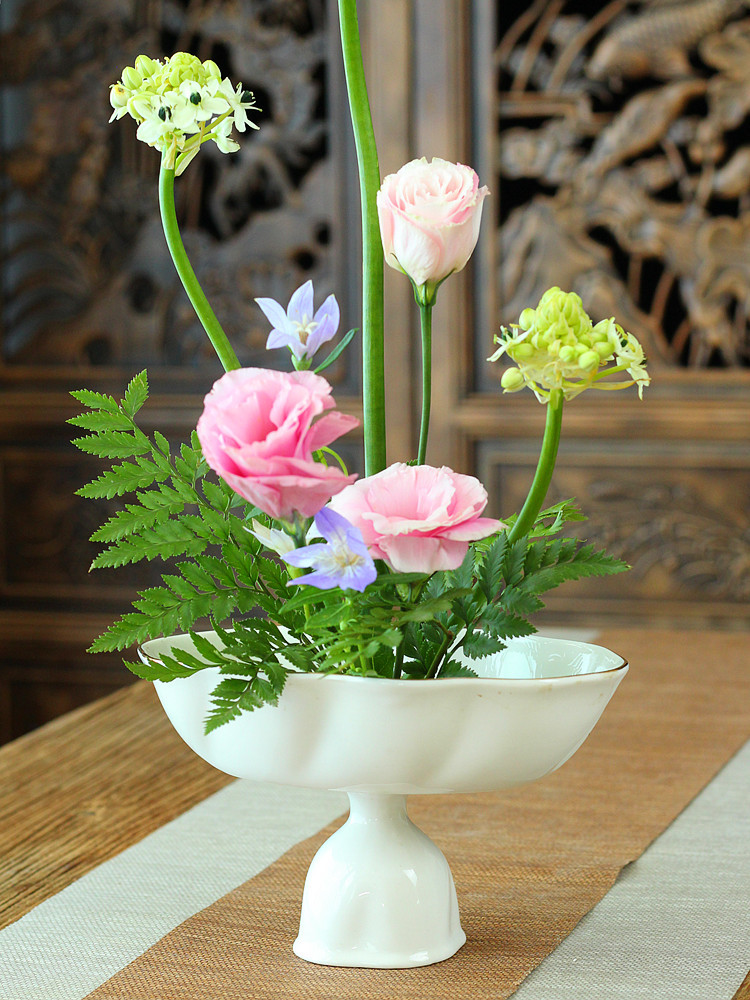 日式小原流经典花器金边公主盆高脚椭圆花盆日式花道插花器皿水培