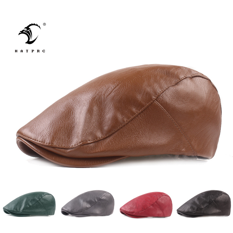 Leather Peaked Cap Men's Leather Hat Pu Advance Hats Artistic Youth Beret Middle-Aged Leather Hat Male Hat