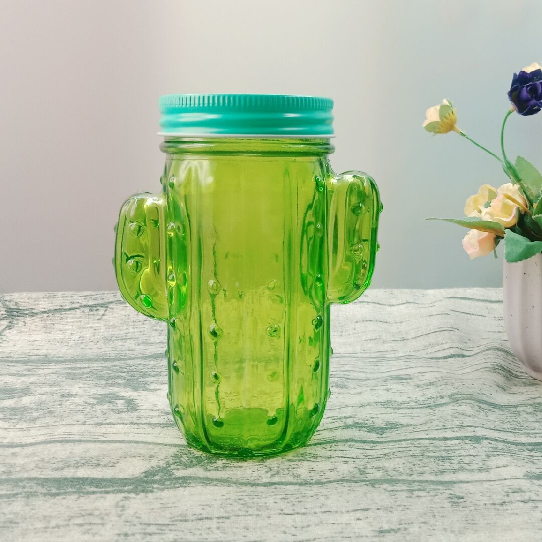 仙人掌双耳玻璃杯带盖带孔绿色透明 双耳玻璃杯奶茶冷饮牛奶杯