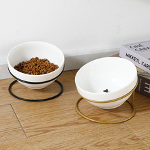 倾斜宠物碗架水碗猫碗陶瓷猫碗含铁架猫食盆保护颈椎卡通猫咪餐桌