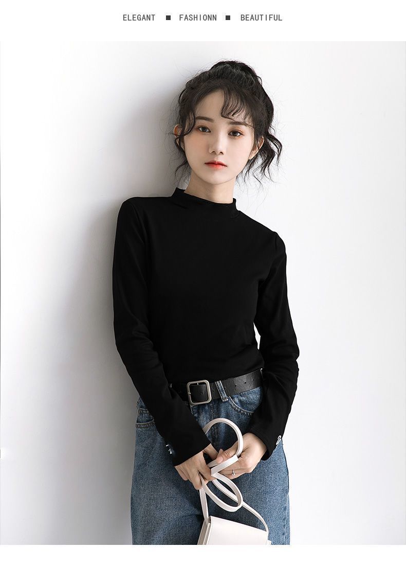 半高领黑色刺绣字母2020新款学生打底衫女t秋冬加绒内搭长袖t上衣