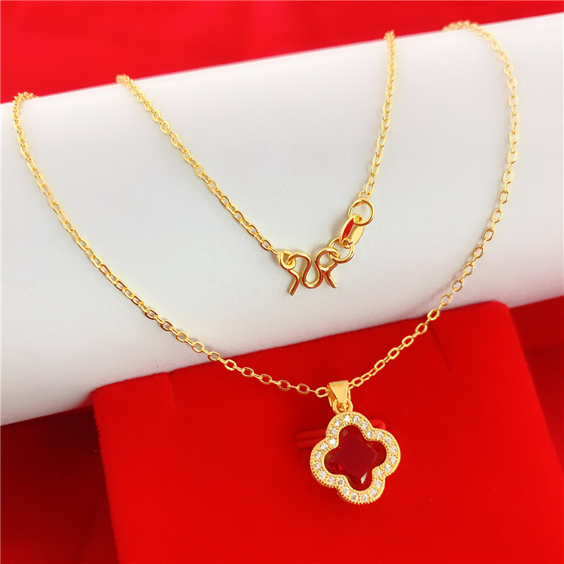 越南沙金四叶草项链女红红玛瑙精美锁骨链镶钻百搭水晶四叶草代发