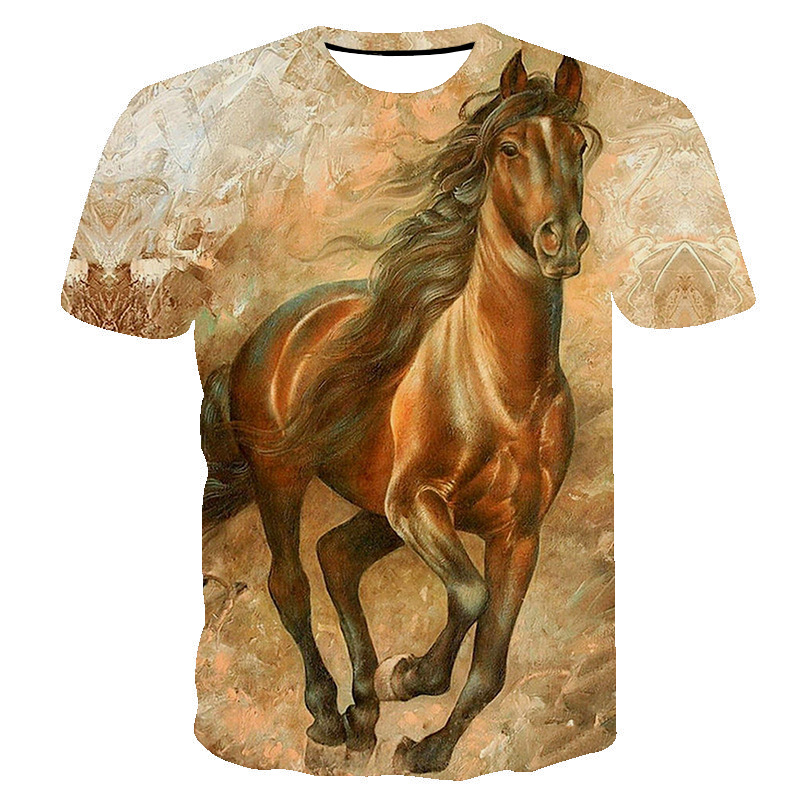 厂家直销跨境 马 头像跑步印花数码t恤男女 百搭3d印花短袖上衣