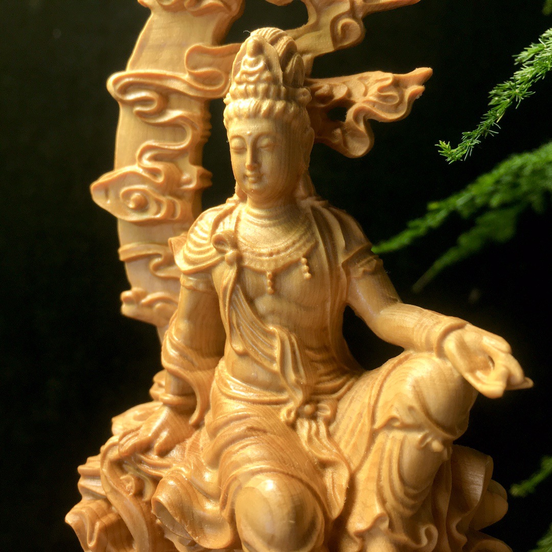 崖柏水月观音佛像摆件 木质工艺品柏木雕刻水月观音菩萨家居摆件