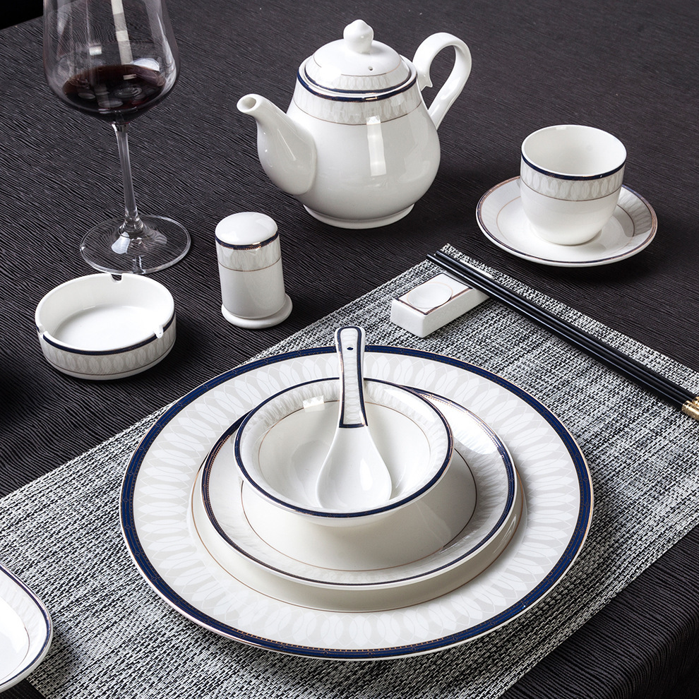 现代 星级酒店餐厅摆台浅盘碗茶杯碟金边贴花陶瓷餐具骨瓷碗盘碟