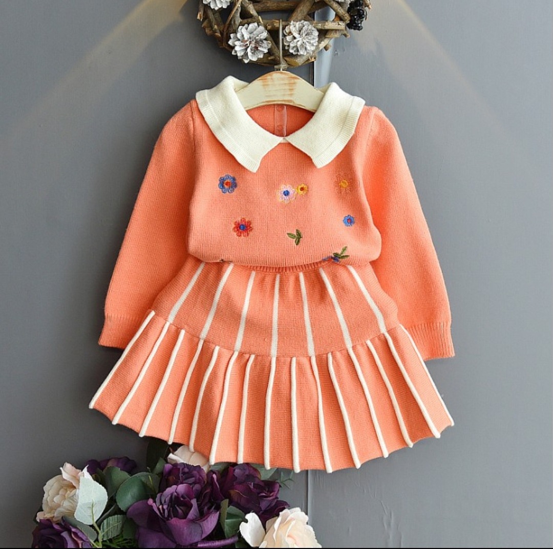 2020新款女童小花刺绣针织毛衣两件套裙女宝宝毛衣连衣裙