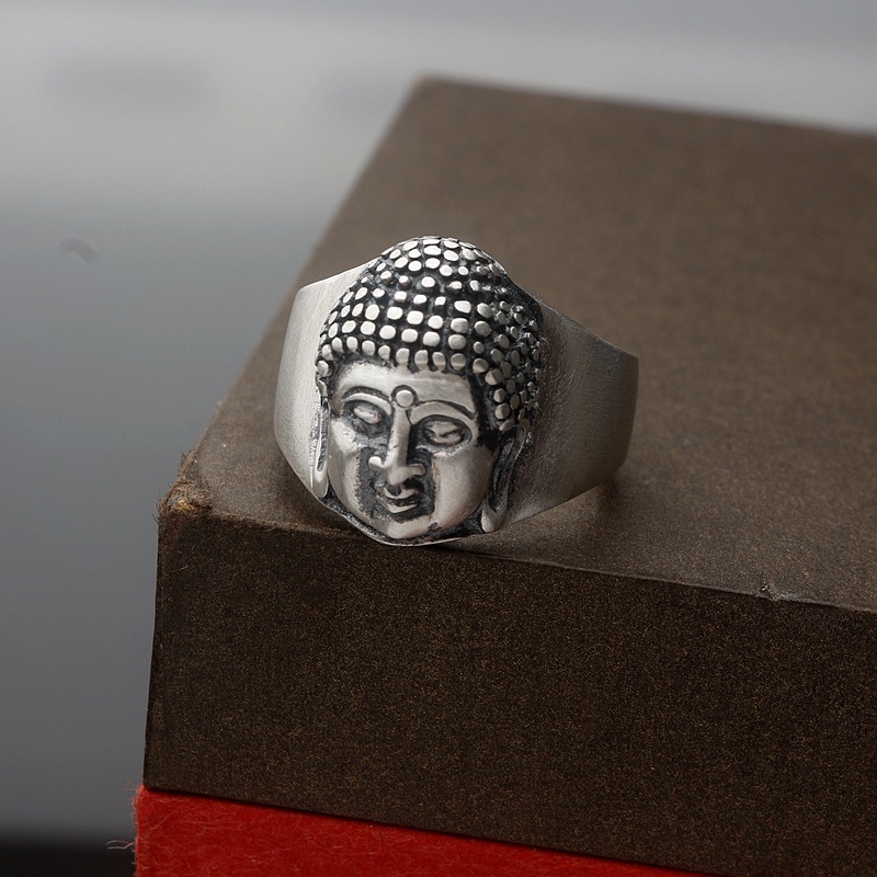 黑泰银饰 990足银佛教佛头戒指男女百搭 复古哑光纯银指环批发