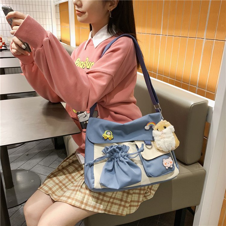 Japanese Ulzzang College Style Fresh Creative Drawstring Contrast Color Cute Student Class Bag Messenger Bag Women's Bag