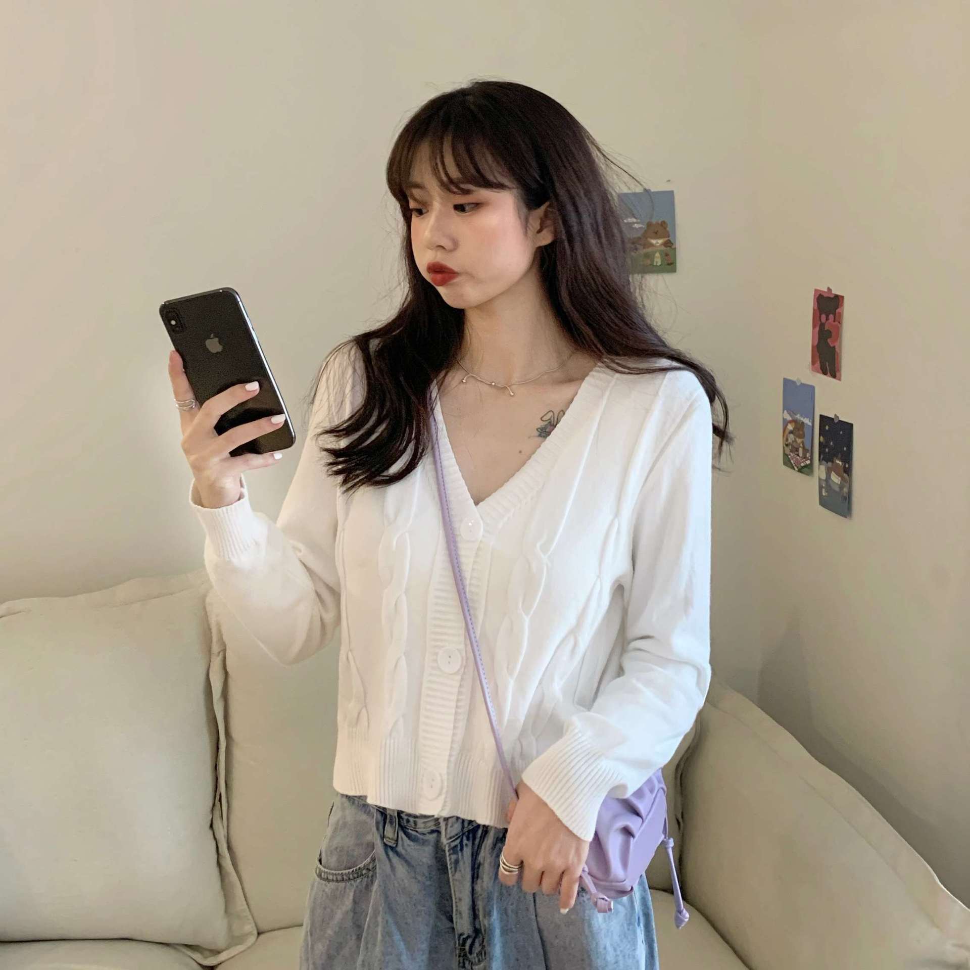 针织衫秋款女装新款复古港风chic上衣宽松v领长袖开衫韩版女外套