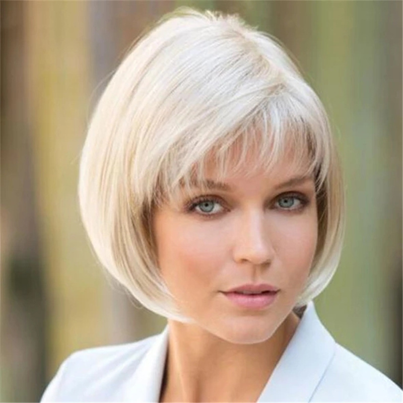 欧美时尚假发女中老年妈妈头发银白色短直发蓬松逼真bobo头短发套