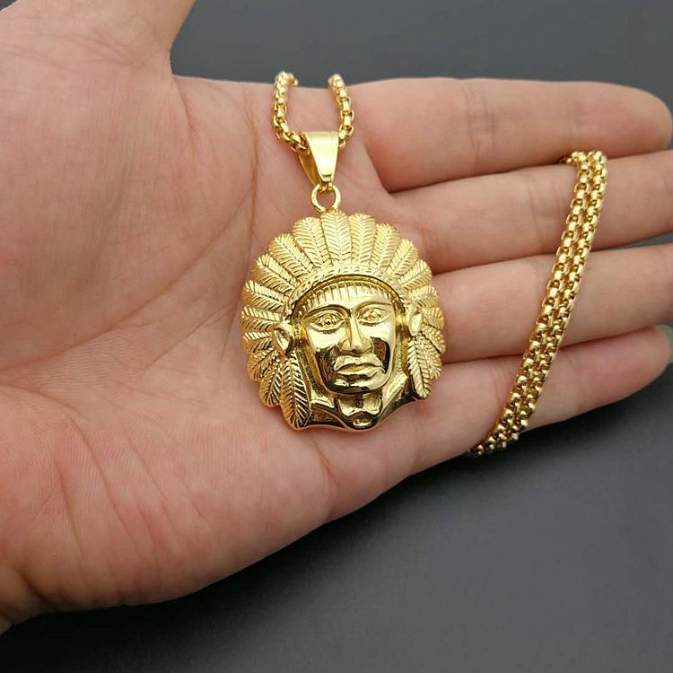 欧美跨境爆款嘻哈hiphop饰品 钛钢保色真空镀金印第安人酋长吊坠