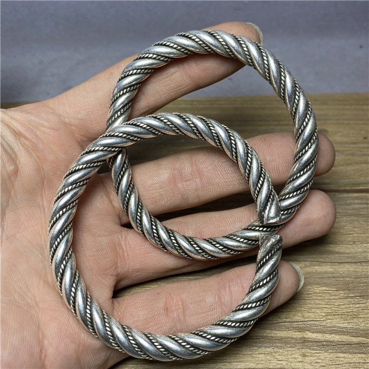 仿古古玩明清苗银藏银三股实心老银匠开口手镯银绞丝银镯子女手环