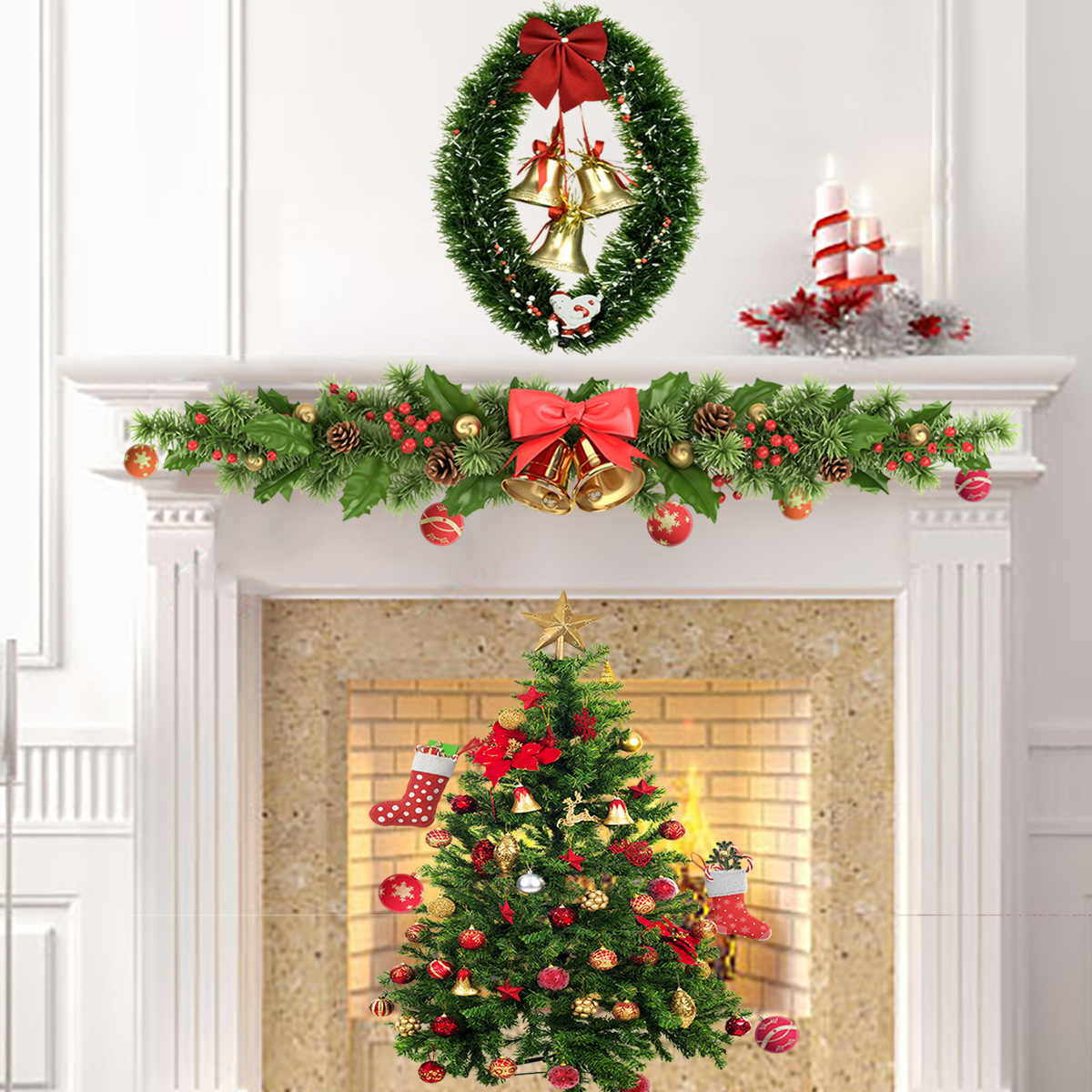 sd005圣诞树铃铛花环墙贴背景墙玻璃橱窗圣诞装饰贴画一套4张