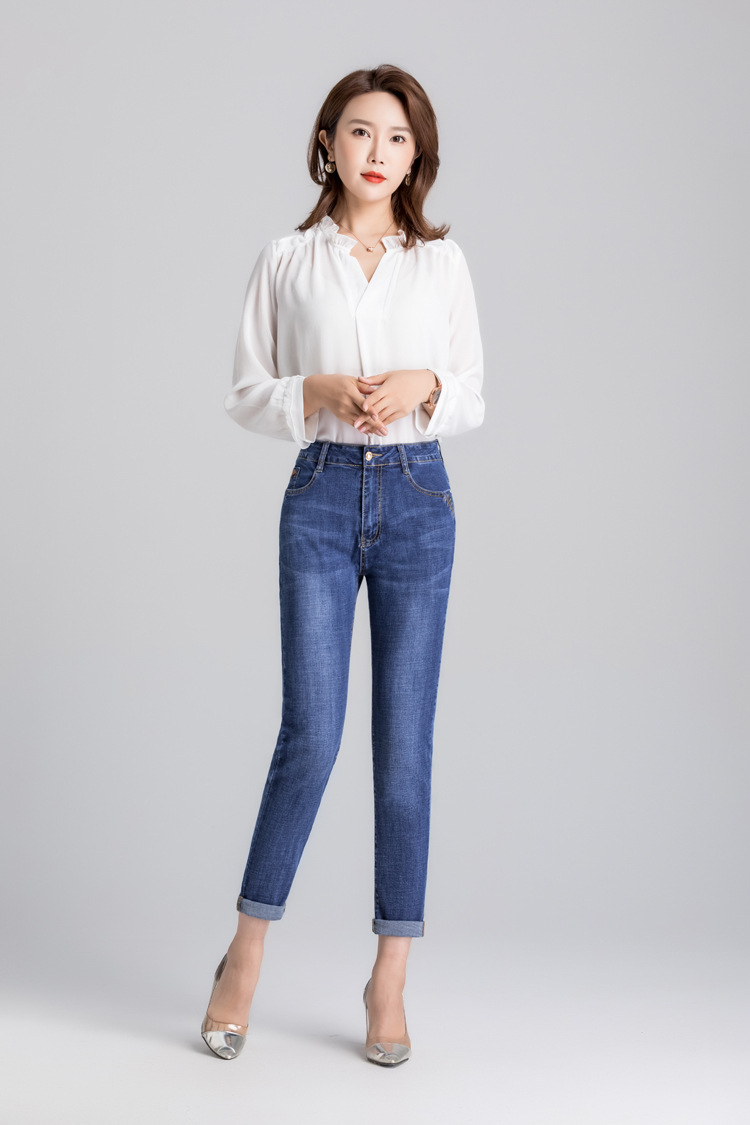 九分裤女2020春夏弹力大码中年女裤浅蓝色薄款胖mm小脚9分牛仔裤
