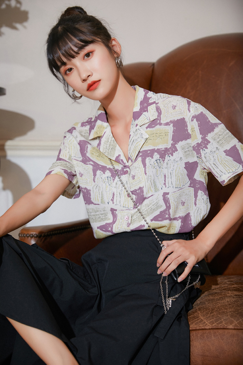 西装领印花衬衫女夏2020新品宽松短袖港风衬衣潮