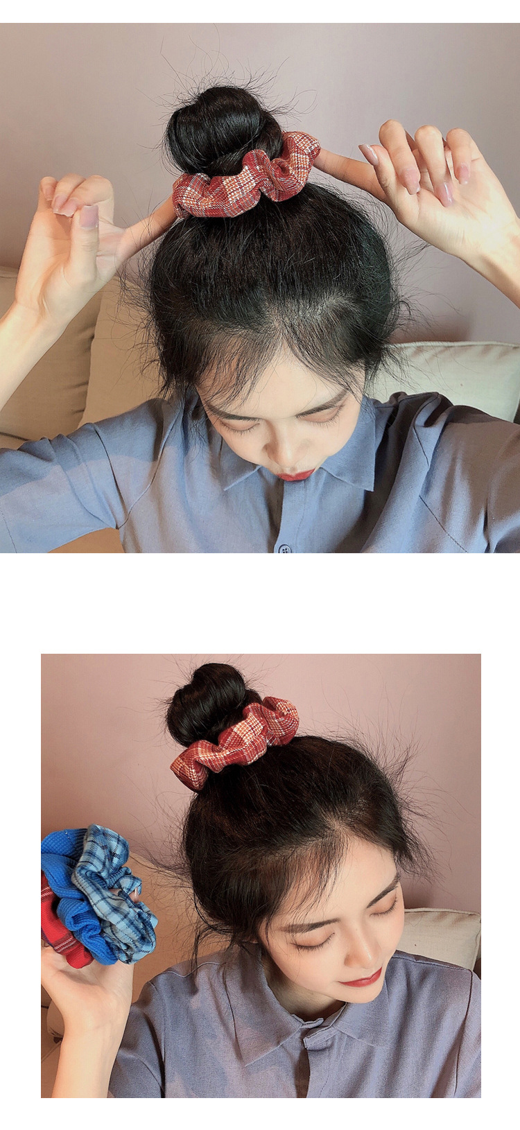 格子猪大肠发圈网红复古大肠圈马尾橡皮筋头绳韩版扎头发绳女发饰