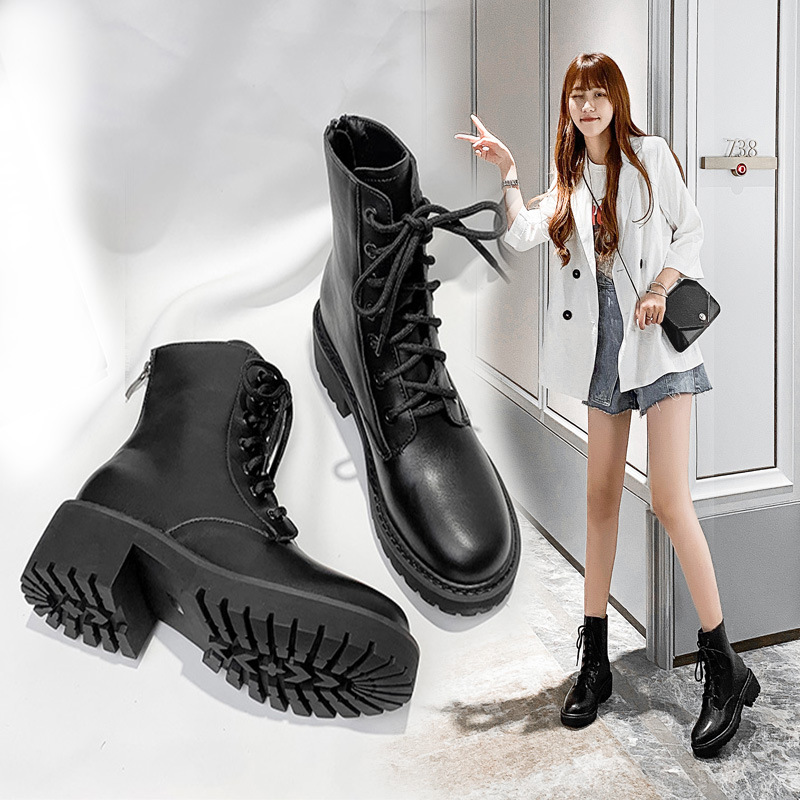 2021秋款网红帅气粗跟短靴马丁靴女夏季薄款拉链靴子机车靴潮批发