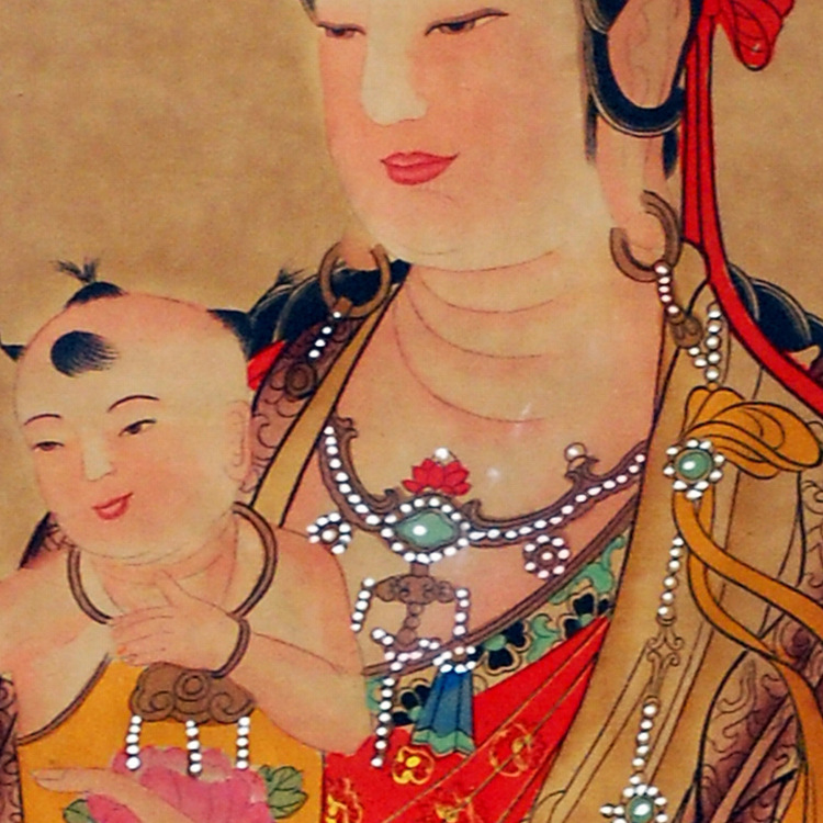 送子娘娘画像 观音赐子挂画 佛教结缘画客厅卧室装饰画卷轴画定制