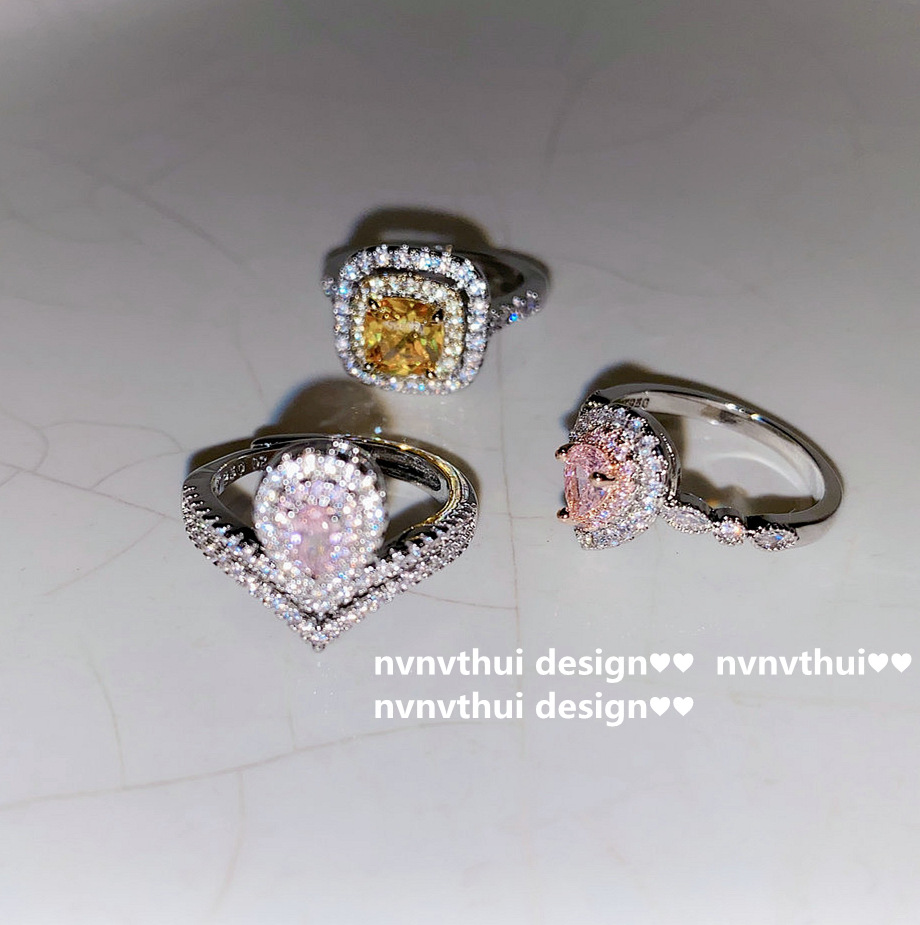 Pink Crystal Water Drop Crown 2 Karat Square Diamond Rectangular Cut Diamond Studded by Hand Ring Plated 18K White Gold Ornament