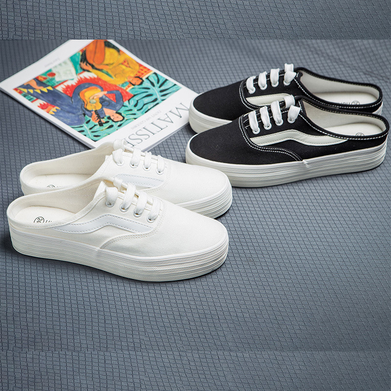 春夏新款帆布鞋女士橡胶底防滑休闲时尚半拖鞋外穿无后跟帆布鞋女