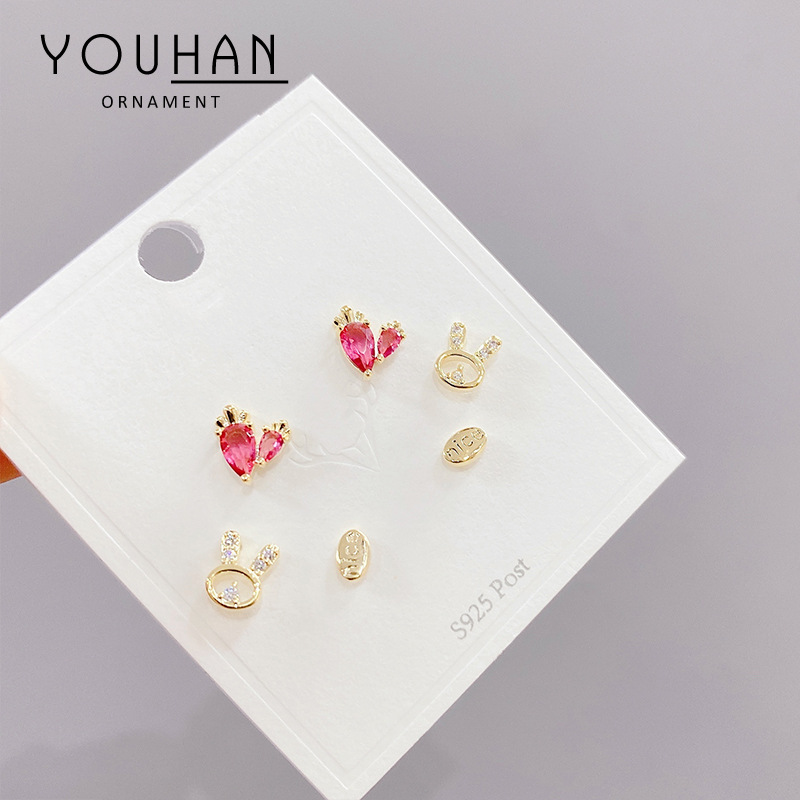 Earrings Sterling Silver Needle Three Pairs Fine Zircon-Embedded Earrings Korean Style Peach Heart Rabbit One Card Many Pairs Earings Set Women