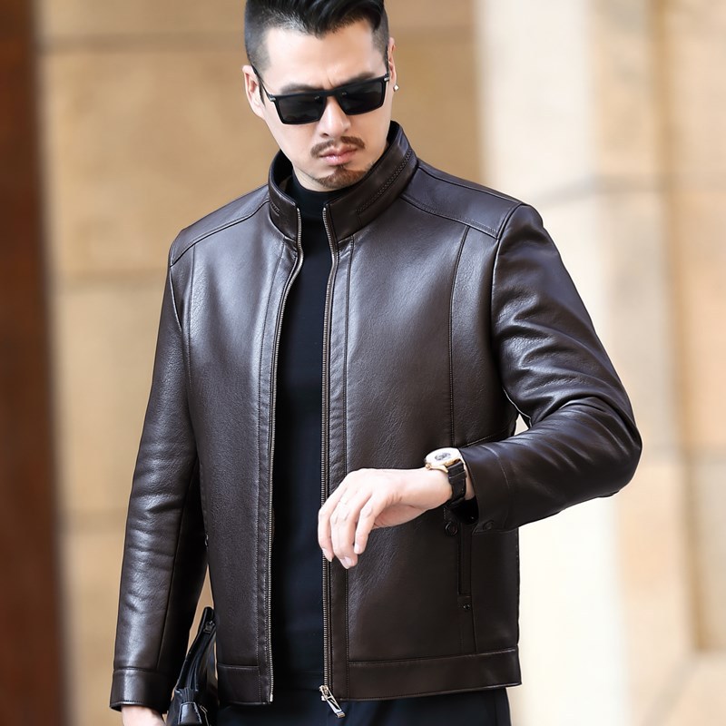 Haining Stand Collar Genuine Leather Coat Men's Fleece-Lined Thickened Fur Integrated Middle-Aged Sheepskin Jacket Short Coat Winter Fashion