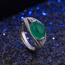 韩版和田碧玉戒指女镶嵌绿玉髓戒指指环复古绿玛瑙戒指时尚首饰