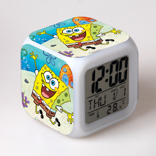 外贸电商货源卡通海绵宝宝闹钟儿童积分换购礼品七彩闹钟四方钟