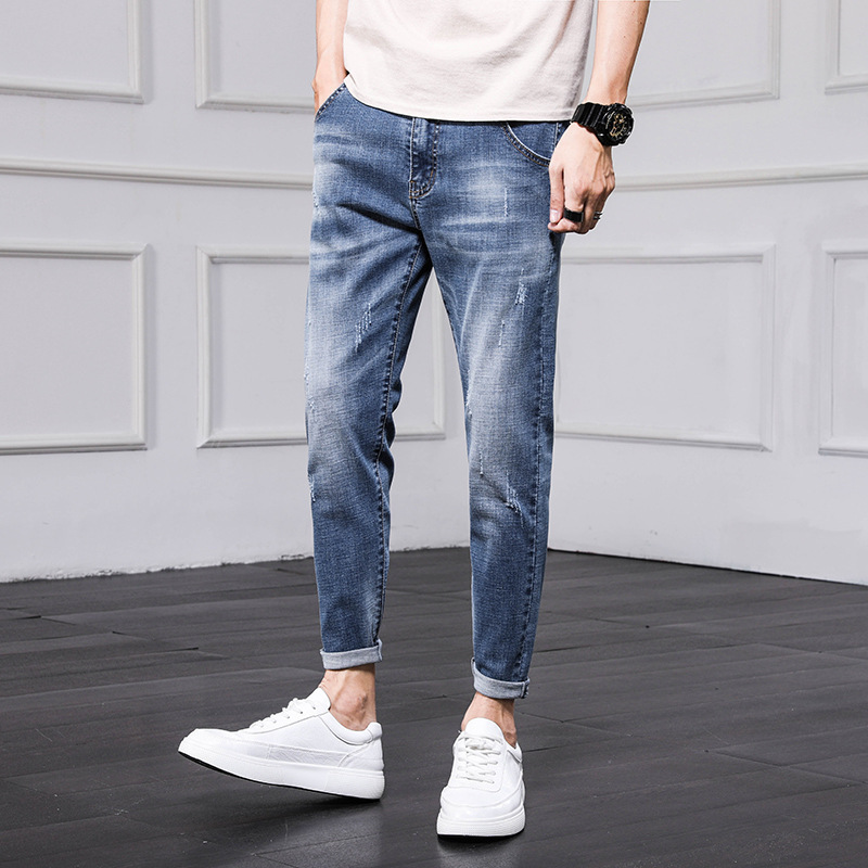 20223 New Trendy Men's Jeans Cropped Simple Casual Men's Trousers Skinny Thin Korean Style Pants Men