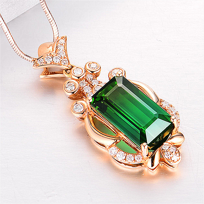 绿宝石绿碧玺吊坠 时尚绿钻锆石方形长方钻吊坠项链满钻彩宝项链