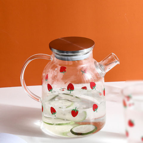 草莓印花凉水壶家用大容量果汁扎壶手工吹制高硼硅玻璃冷水壶
