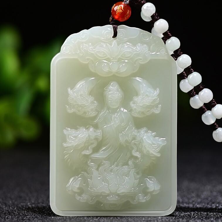 和田玉白玉九龙观音吊坠男款双面雕观音菩萨玉佩牌子玉石项链挂件