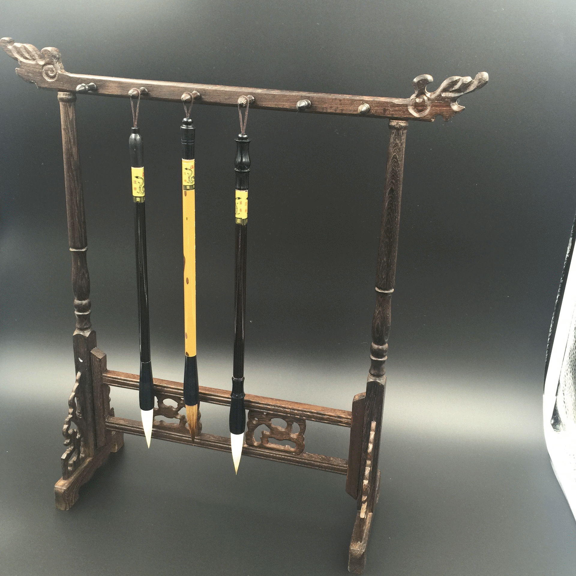 龙头复古毛笔笔挂 鸡翅木12挂6针红木实木笔搁小号笔架收集架书法