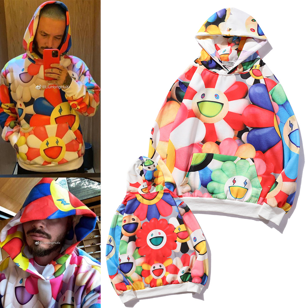 村上 x j balv联名款fw20秋冬男女太阳花拼色连帽加绒卫衣