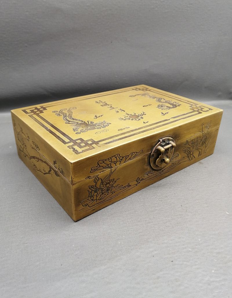 古玩杂项 仿古黄铜 工艺品百宝箱 收纳盒 龙凤呈祥首饰盒家居摆件