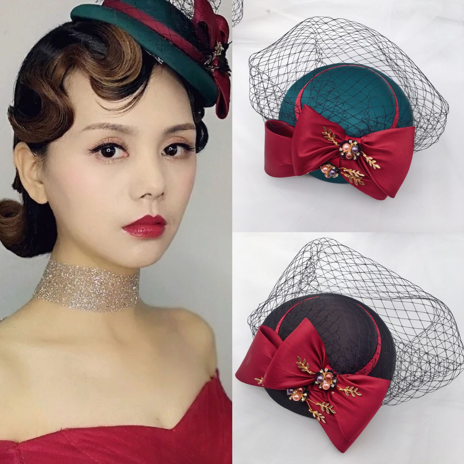 小版金典蝴蝶结网纱头饰复古名媛气质小礼帽儿童成人两用礼服配饰