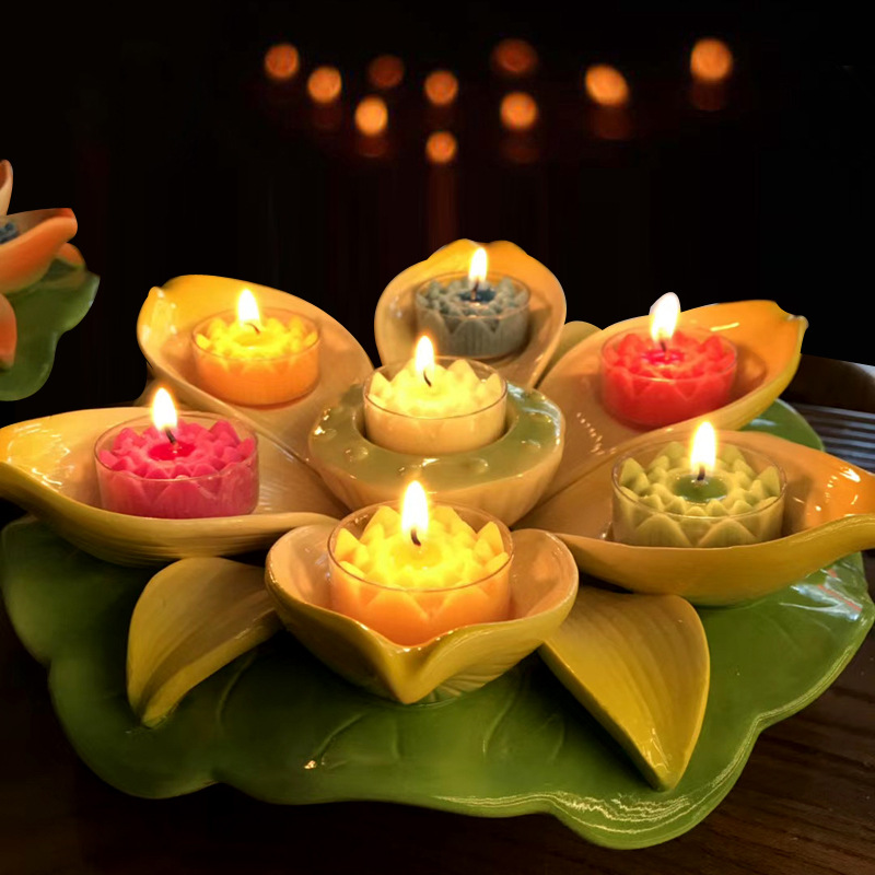 七彩莲花灯陶瓷烛台七孔星灯座佛具灯座蜡座七星灯酥油灯家用烛杯