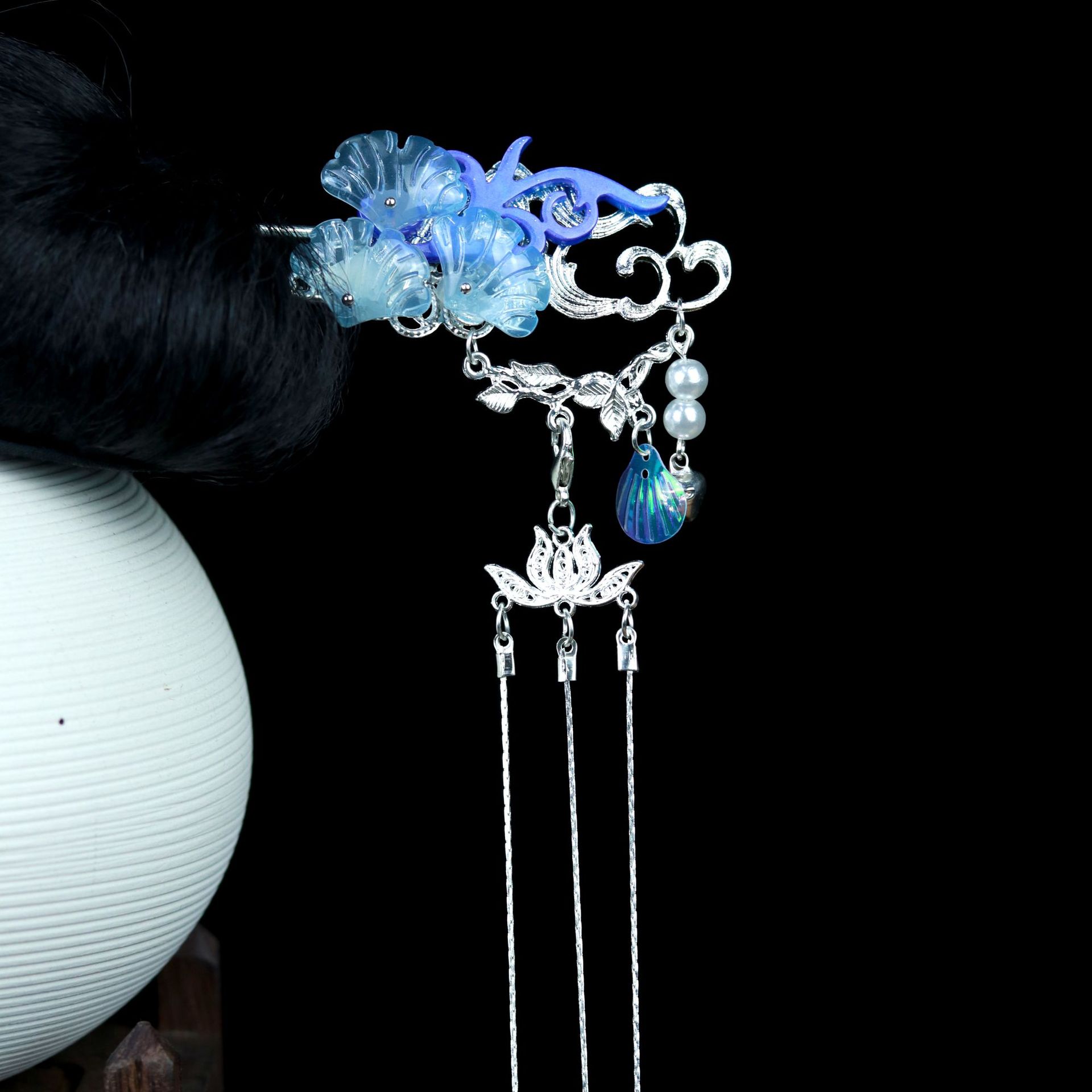 贰玥新品禁步 蓝紫色蝴蝶大套装汉服发饰发夹发冠长飘带【寒谭】