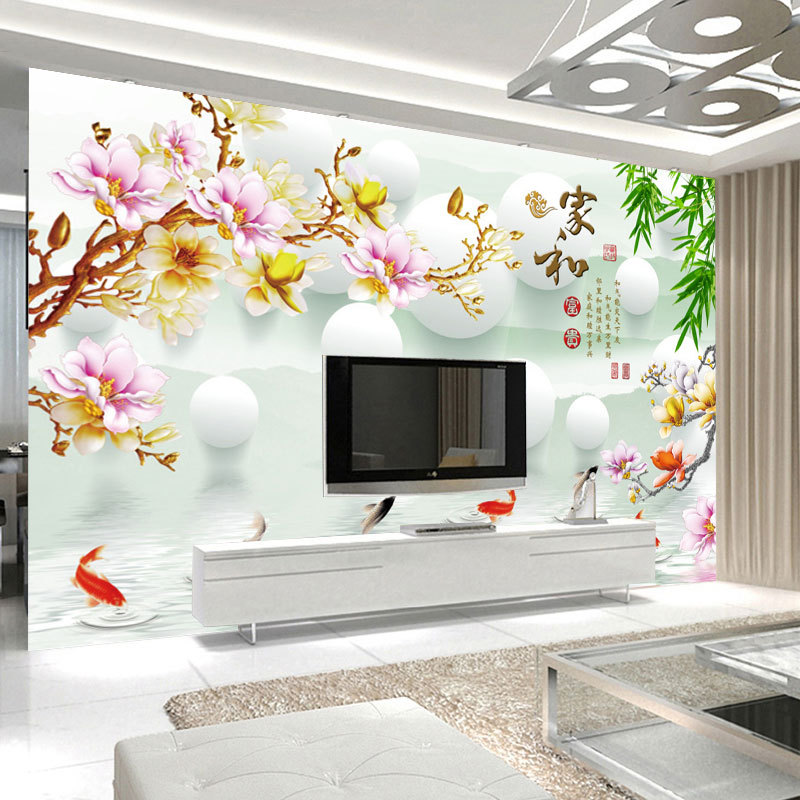 电视背景墙壁纸5d立体客厅装饰壁画玉兰花九鱼图家和墙纸影视墙布