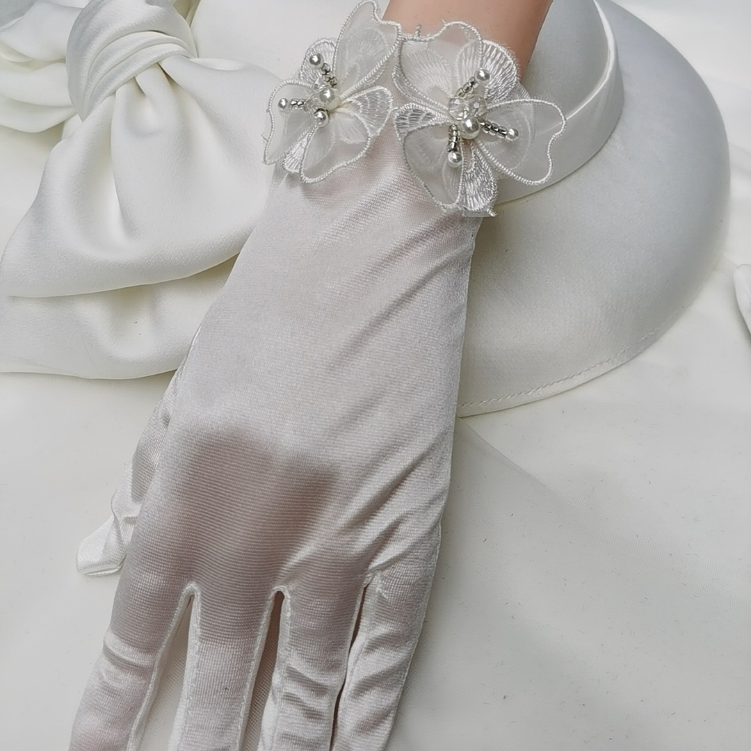 新娘白色缎面手套短款手工花朵全指韩式婚纱礼服拍照配饰