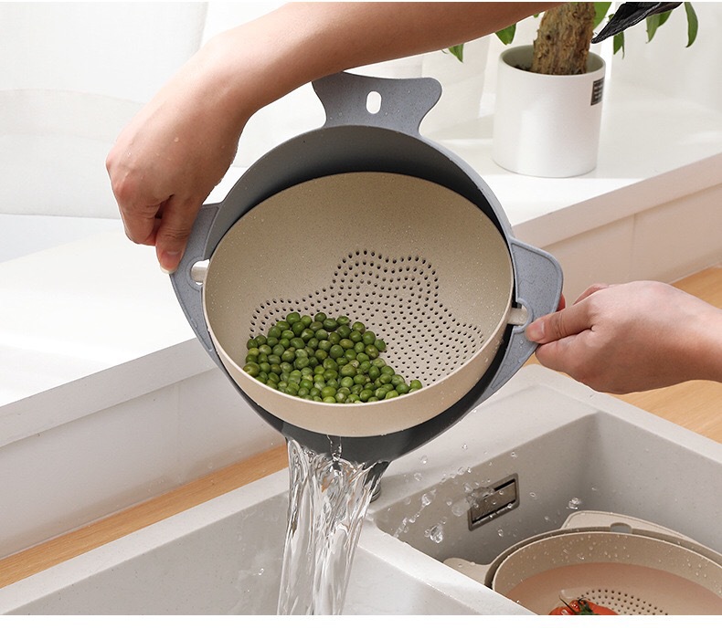厂家批发小麦双层旋转沥水篮 厨房用品洗菜篮 多功能水果洗菜盆