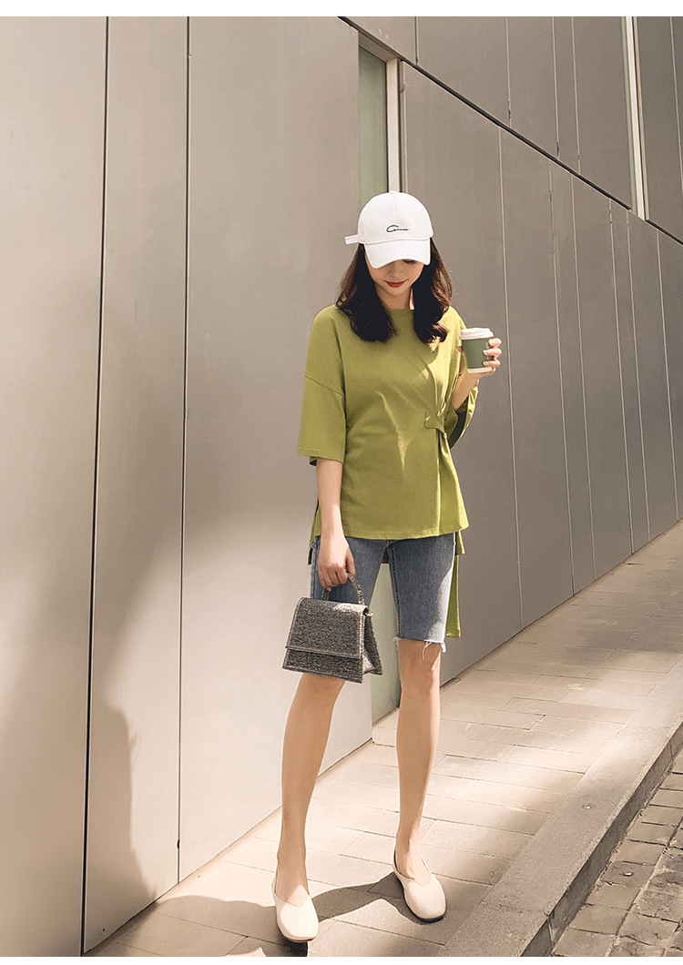实拍港风中长款牛油果绿上衣2020夏新款宽松显瘦打底内搭短袖t恤