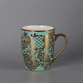 奢华马克杯电镀咖啡杯手柄电镀满金花纸多色选择u型陶瓷牛奶杯